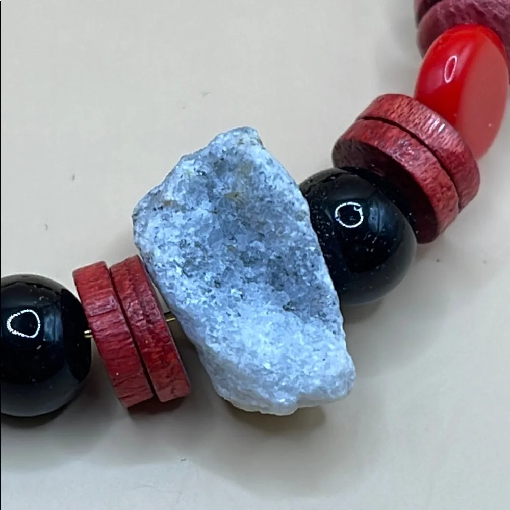 Whimsical Ladybug Beaded Bracelet - Red Black & stones